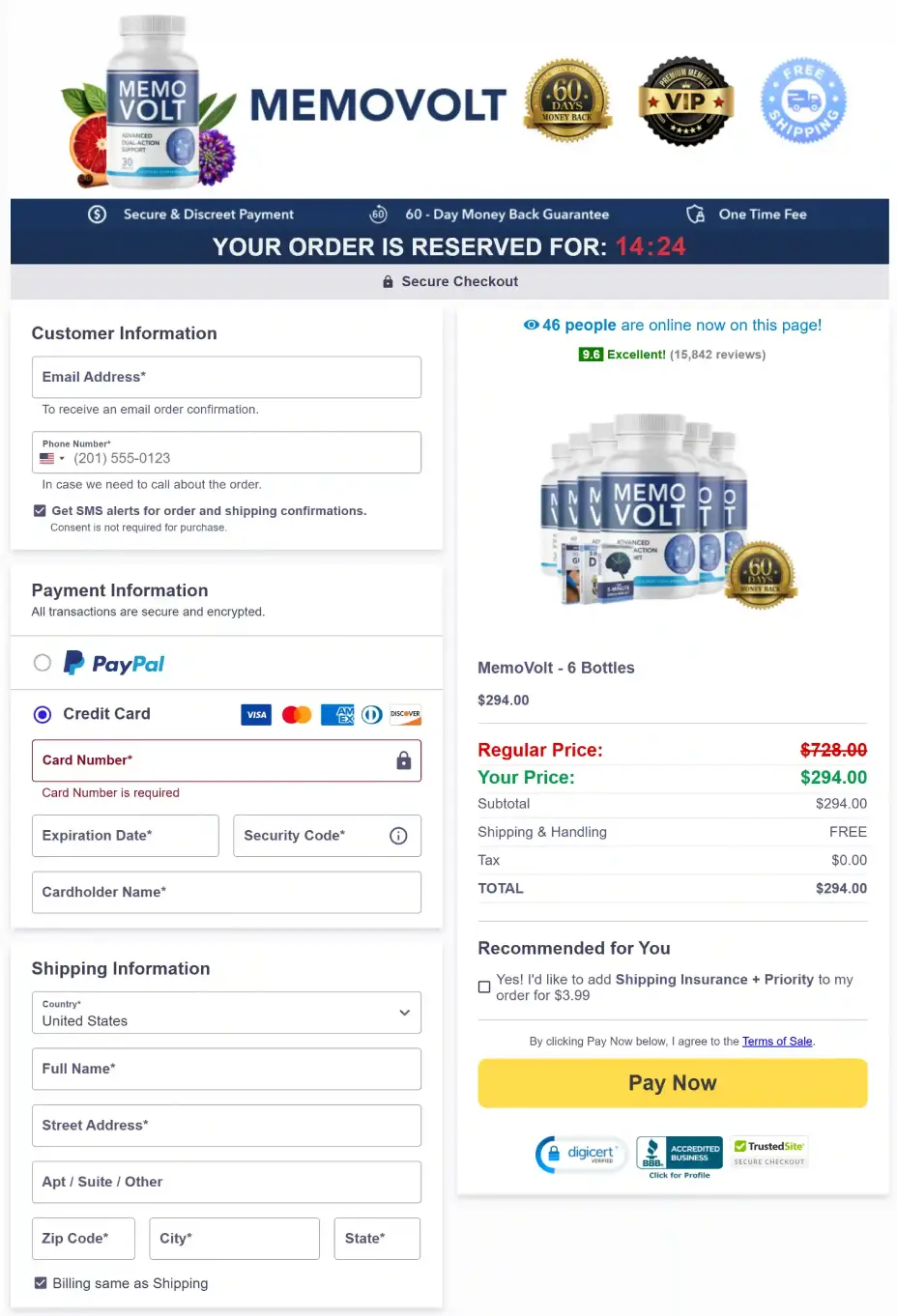 MemoVolt secure checkout page for purchasing the dietary supplement online.